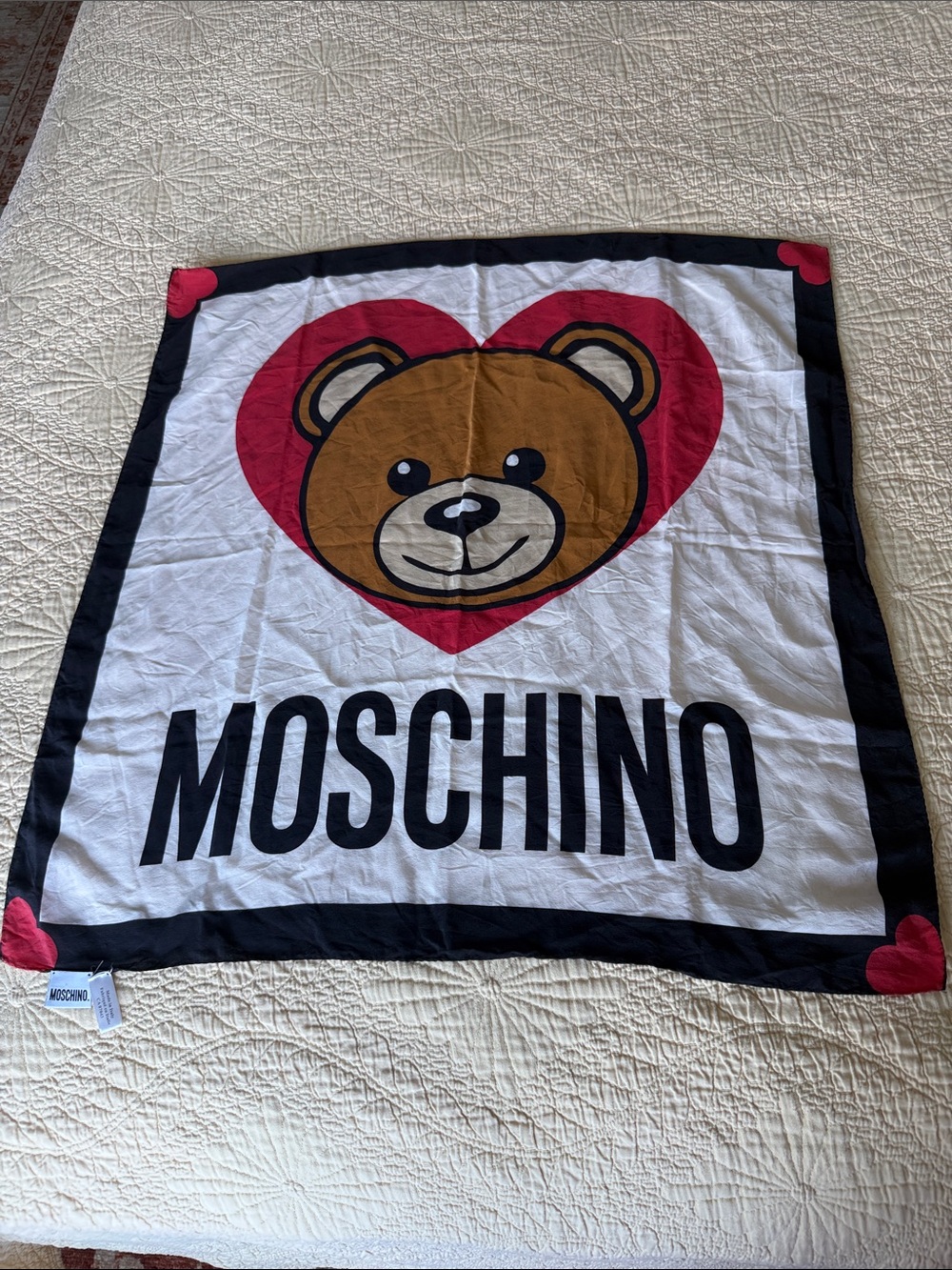 Moschino White, Red & Brown Bear Heart Logo scarf